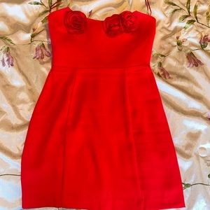 Mini strapless red dress in XS rosette details by Amanda Uprichard from Revolve!